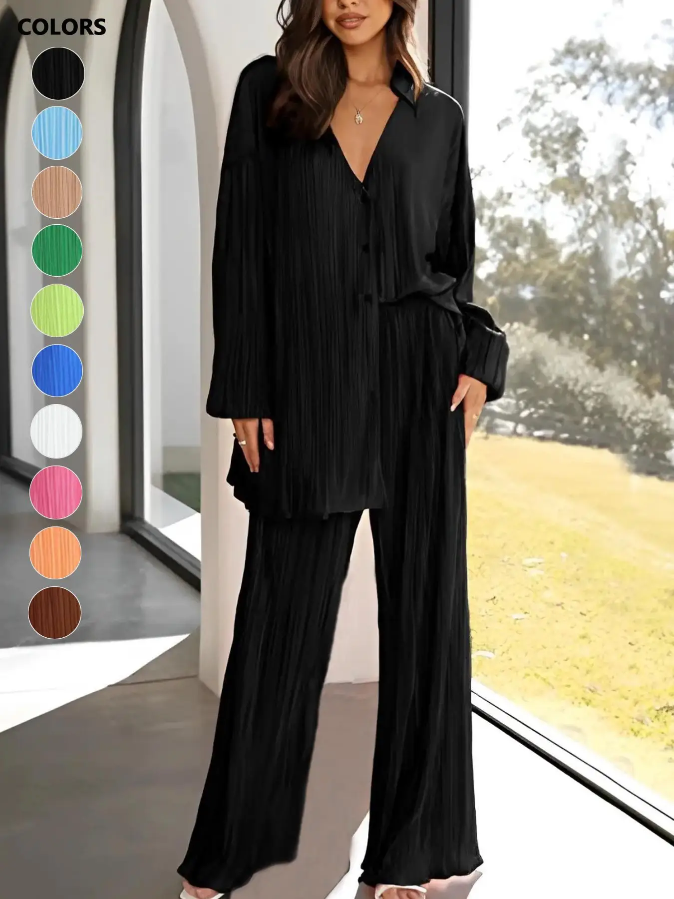 Women's Solid Textured Button Front Top & Flare Leg Pants Set, Casual Longsleeves Top & High Waist Trousers, Women's Spring & Fall Clothes, Womenswear