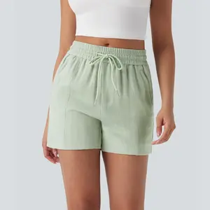 Halara Mid Rise Drawstring Linen-Feel  Work Shorts with Side Zip Pockets