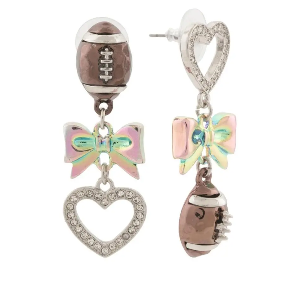 Women's Football Mismatched Earrings - Glass Heart, Bow Designs - Female Fashion Costume Jewelry, Ideal Gift Accessory