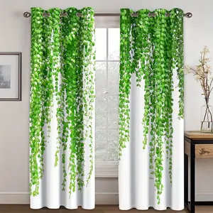 2pcs Green Leaves Curtain Grommet Drape for Bedroom Floral Tree Succulent Pattern Silver Metal Rings Curtains for Living Room Windows