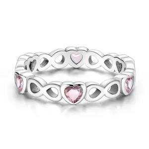 Romantic Pink Heart Eternity Stacking Ring, 925 Silver Infinity Symbol, Gift for Girlfriend/Wife