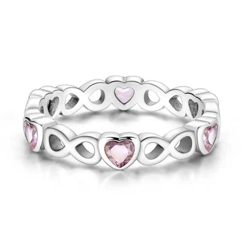 Romantic Pink Heart Eternity Stacking Ring, 925 Silver Infinity Symbol, Gift for Girlfriend/Wife