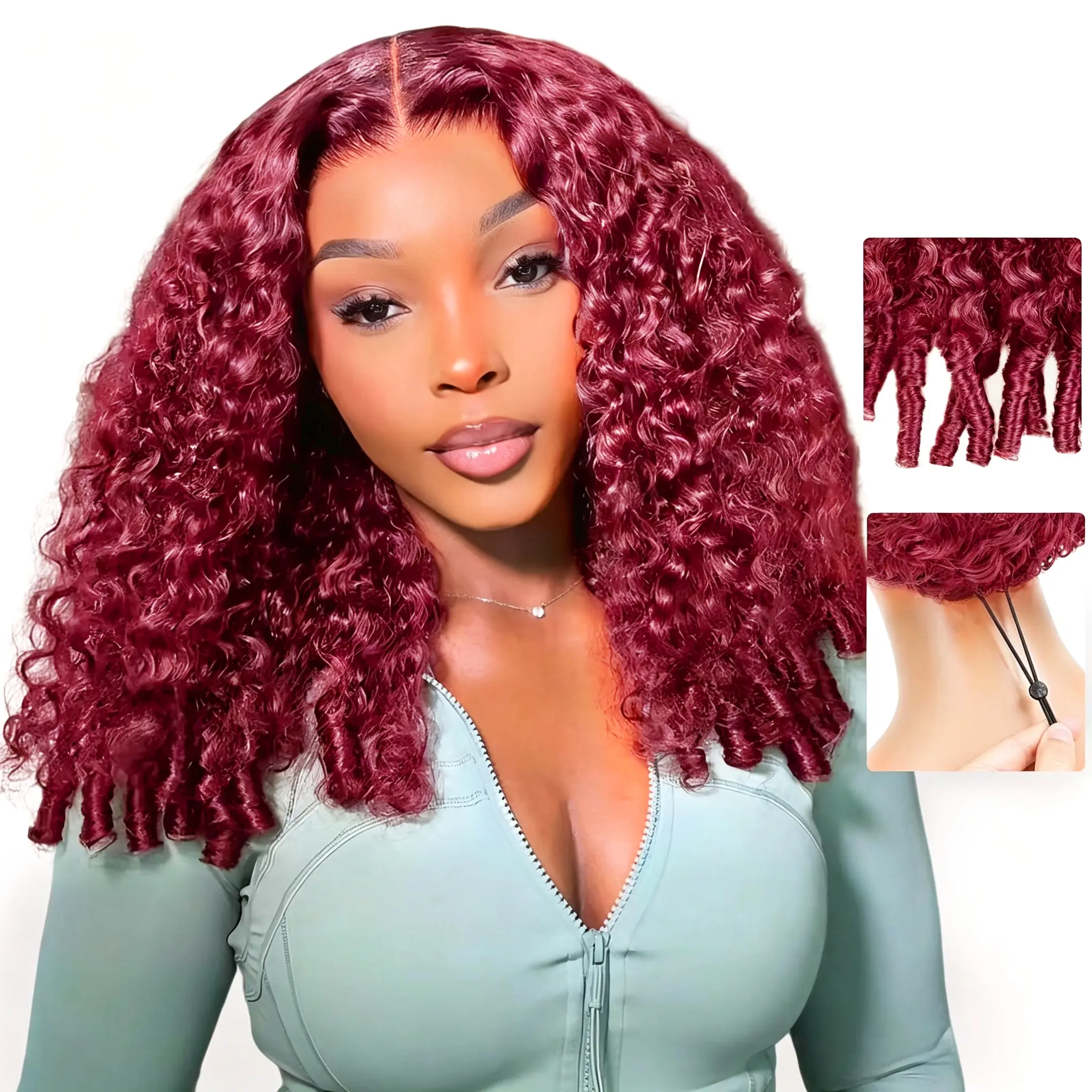 MYLOCKME Hair 13x6 HD Glueless 99j Burgundy Red Burmese Curly Wig Human Hair 180 Density Transparent Lace Closure Curly Glueless Wigs with Drawstring Human Hair Pre Plucked Pre Cut For Women 34 inch
