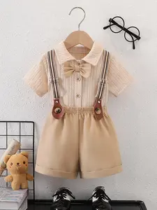 Baby boy clothes, children's clothing, boys' summer gentleman suit set, tie+striped shoulder strap+rolled shorts, baby boy birthday gift, Easter gift, suitable for family gatherings, holiday outings, and parent-child gatherings