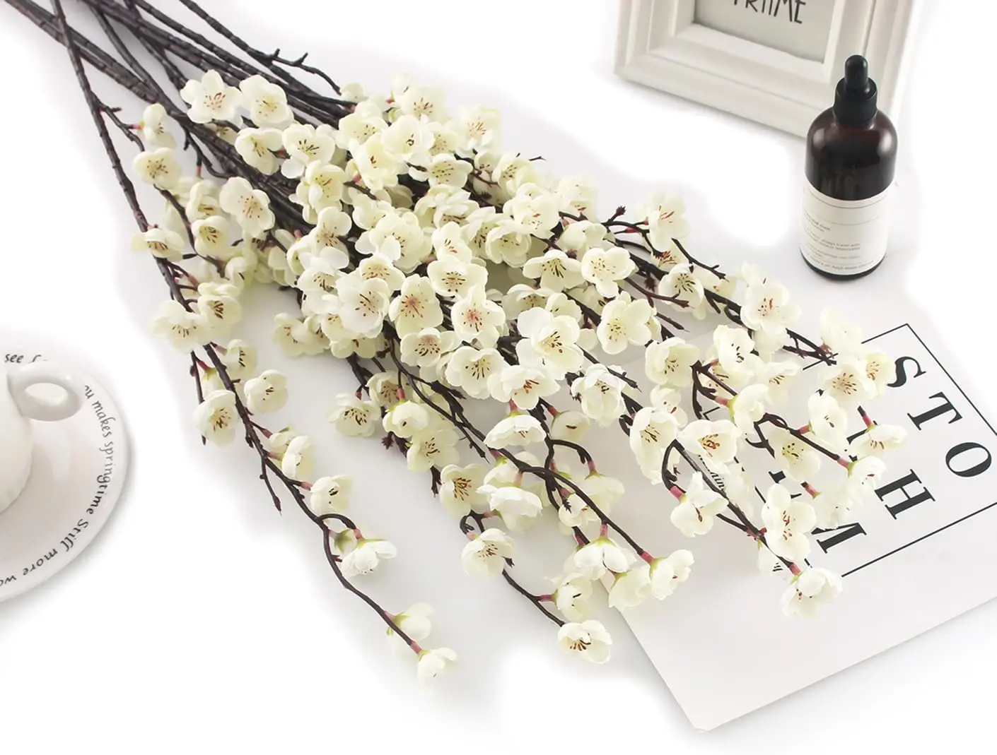 5 count Artificial Plum Blossom  Wintersweet Long Stem Plastic   Hotel Office Wedding Party Garden Decor 27.5'' High White