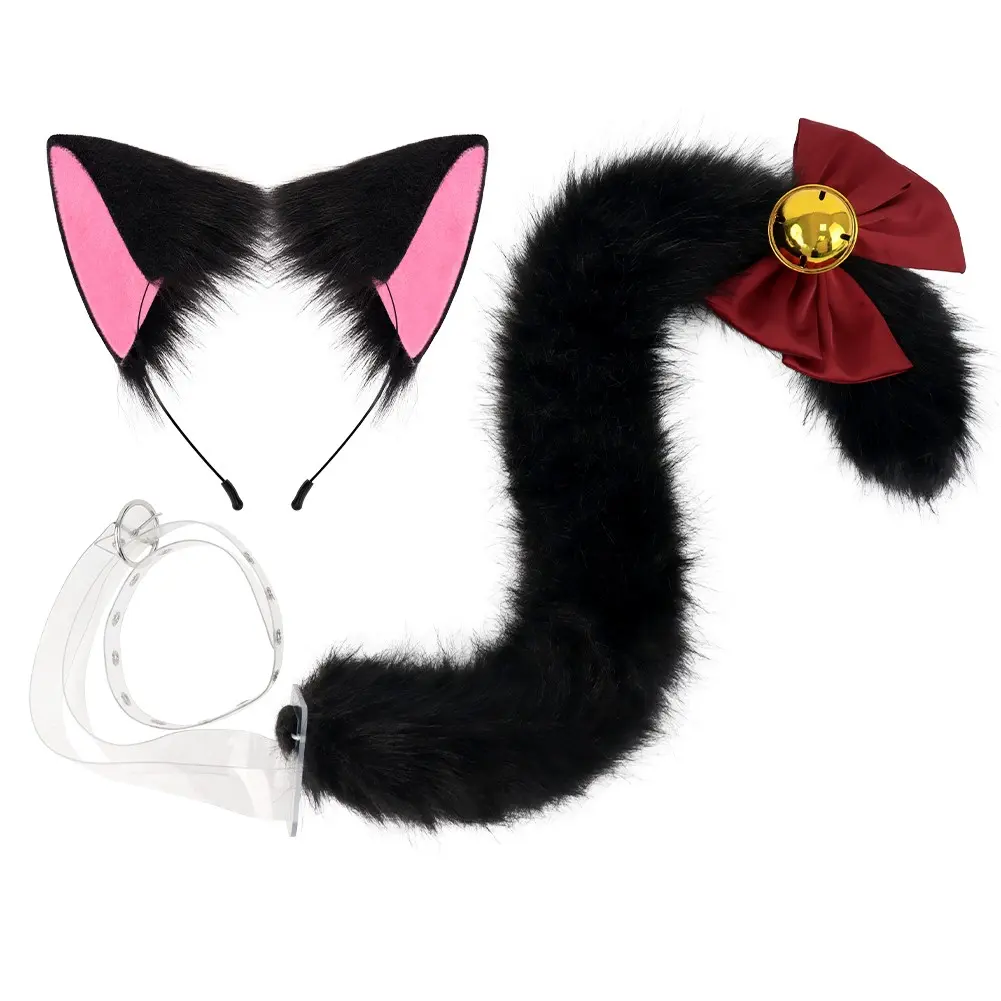 F Furry Fluffy Neko Dress Up Costume Set Cat Ears Headband Tail with Bell for Cosplay Furry Fans, Perfect for Halloween Parties and Role-Playing Games Accessories