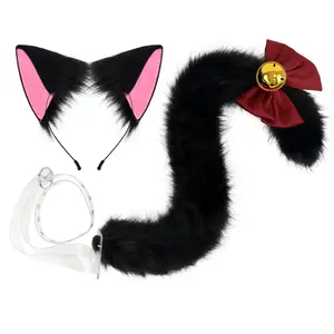 F Furry Neko Costume Set Cat Ears Headband Tail with Bell for Cosplay Furry Fans, Perfect for Halloween Parties and Role-Playing Games