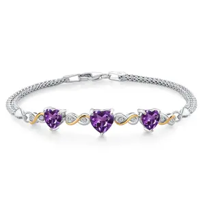 925 Sterling Silver and 10k Yellow Gold Purple Amethyst and White Lab Grown Diamond Bracelet For Women (2.58 Cttw, Heart 7MM and 6MM, 6.5/7/7.5 Inch, Made In Italy)