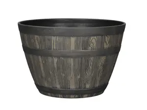 tter Homes & Gardens Whiskey Barrel Brown Resin Planter, 15.8in x 15.8in x 10.3in