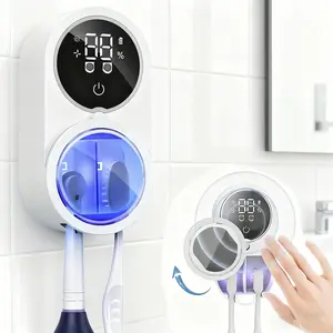 Rechargeable Wall Mount Toothbrush Holder, 2-Slot Automatic Sensor Lid, LED Smart Display, Bathroom Toothbrush Organizer for Family