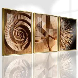 3 Counts Aluminum Alloy Framed Painting, Abstract Wooden Spiral And Geometric Pattern Pictures, Home Decoration For Living Room, Bedroom, Office, Restaurant, Hallway Wall Decor, Odorless Print Artwork, Luxury Perfect Gift For Friends And Family