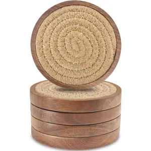Absorbent Wood Coasters for Drinks, Set of 5, 4 Inches Woven Drink Coasters for Coffee Table, Housewarming Gift for Farmhouse Home Decor