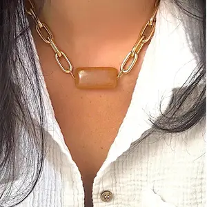 Chunky Gold Plated Chain & Camel Jasper Gemstone Necklace for Women 19 Inch Adjustable Natural Stone Statement Jewelry GiftForHer