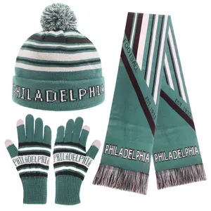 Knitted Philadelphia Ribbed Beanie Scarf & Gloves Set Jacquard Design Elastic Warm Winter Accessories for Football Fans Winter Fashion