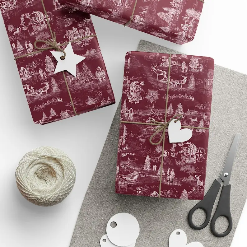 Maroon Vintage Santa Claus Toile Style Red Christmas Wrapping Paper, Burgundy and White Toile Holiday Gift Wrap for Xmas Presents