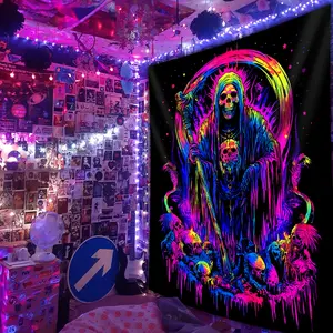 Glow in the Dark Grim Reaper Skull Tapestry, Fantasy Themed Polyester Wall Hanging, Indoor Portrait Orientation Woven Decor for Living Room, Dorm - No Electricity or Battery Needed 60X40 Decoration Colorful Gift