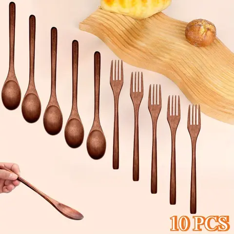 10/6 Pcs Wooden Spoons Forks Set,Wood Dinner Utensil,Reusable Flatware Tableware,Handmade Natural Cutlery Set Includes Wood Spoon Fork for Cooking Stirring Eating,Kitchen Accessories Portable Dinnerware