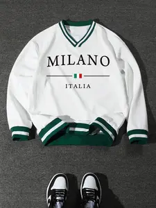 Campus Style Colorblock Round Neck Pullover Sweatshirt, Long Sleeve, Letter Print, Casual Loose Fit, Comfortable Daily Wear, Men's Basic Wardrobe Item, Casual Fashion Sweatshirt