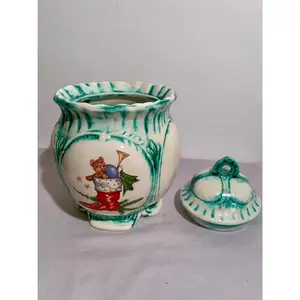 Vintage Christmas Cookie Jar with Lid – Teddy Bear in Boot Design, Green Drip Glaze