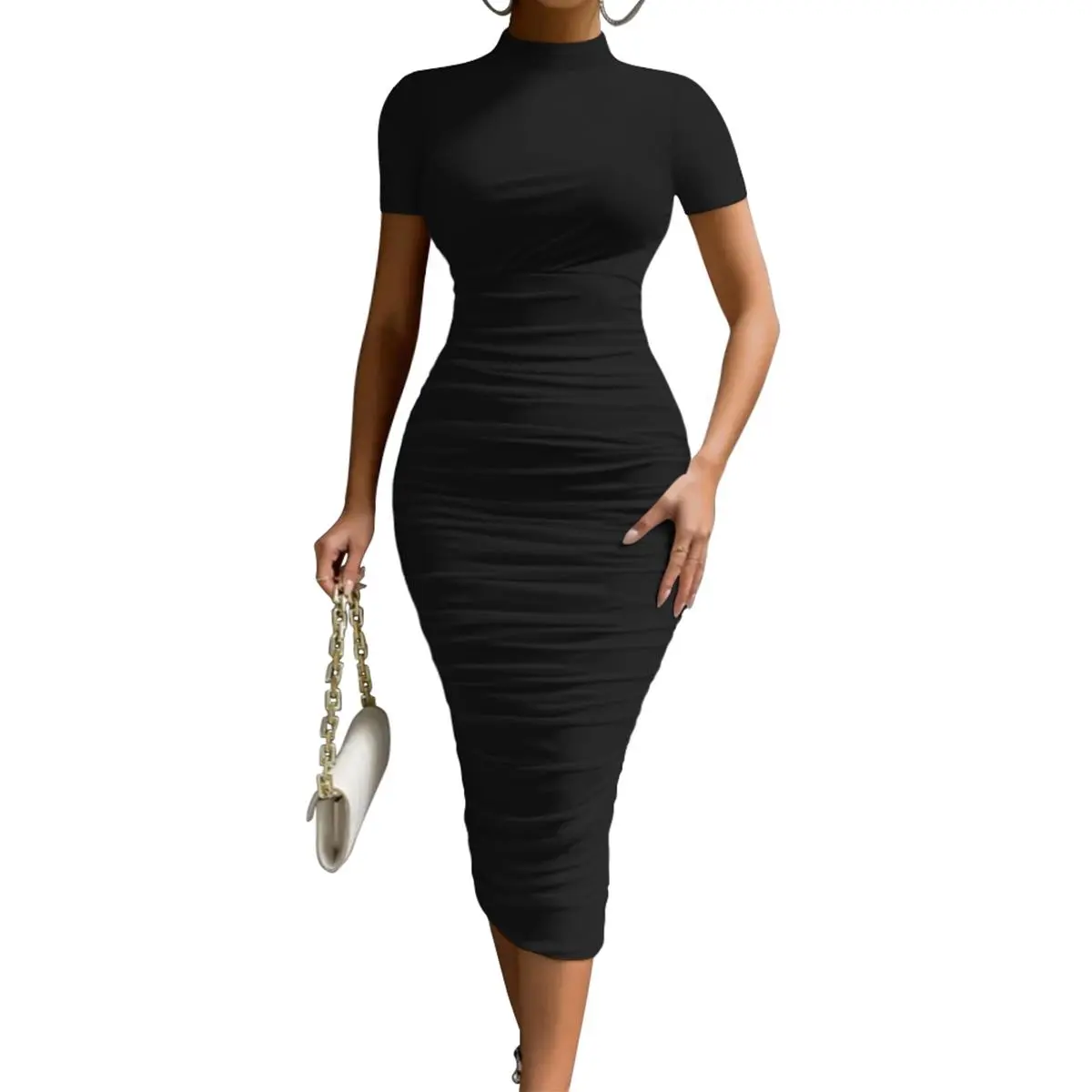 OYS Women's Elegant Bodycon High Neck Short Sleeve Ruched Midi Formal Cocktail Dress Polyester Mesh Back Zipper - TikTok Shop OYS Women's Elegant Bodycon High Neck Short Sleeve Ruched Midi Formal Cocktail Dress Polyester Mesh Back Zipper - TikTok Shop