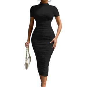 OYS Women's Elegant Bodycon High Neck Short Sleeve Ruched Midi Formal Cocktail Dress Polyester Mesh Back Zipper