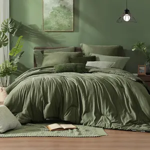 King Size Comforter Set, Olive Green Reversible King Bed Set, 7 Pieces Cationic Dyeing Bed in a Bag with Comforter, Sheets, Pillowcases & Shams