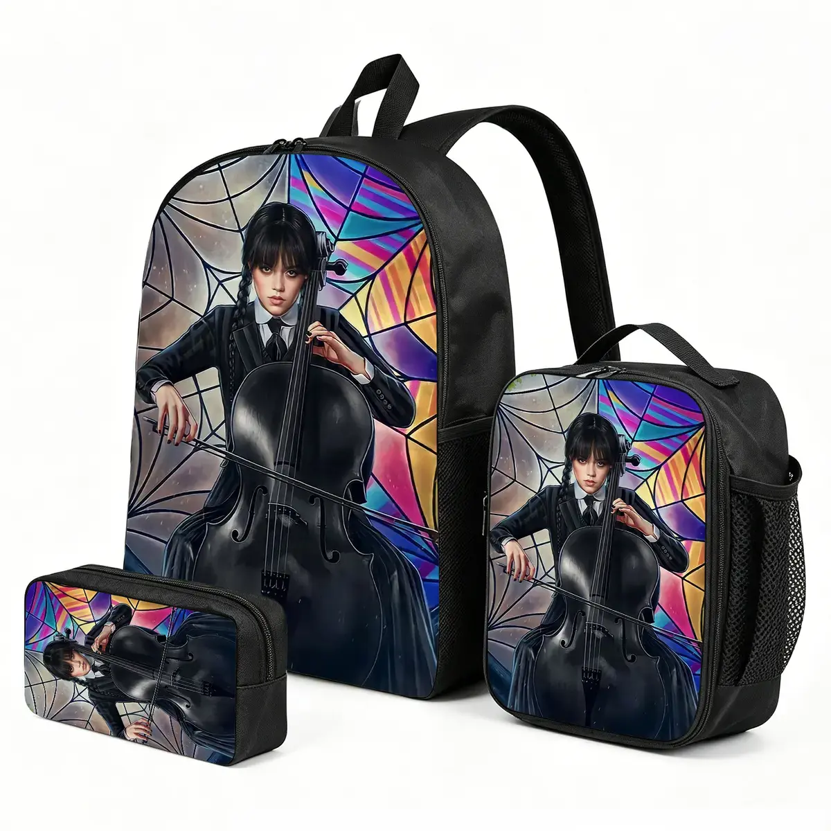 Kids Backpack 3-Piece Set, Cute Wednesday Themed Back to School Haul with Insulated Lunch Bag & Pencil Case, 17.3 x 11.4 x 5 inches, Elementary School, School Year