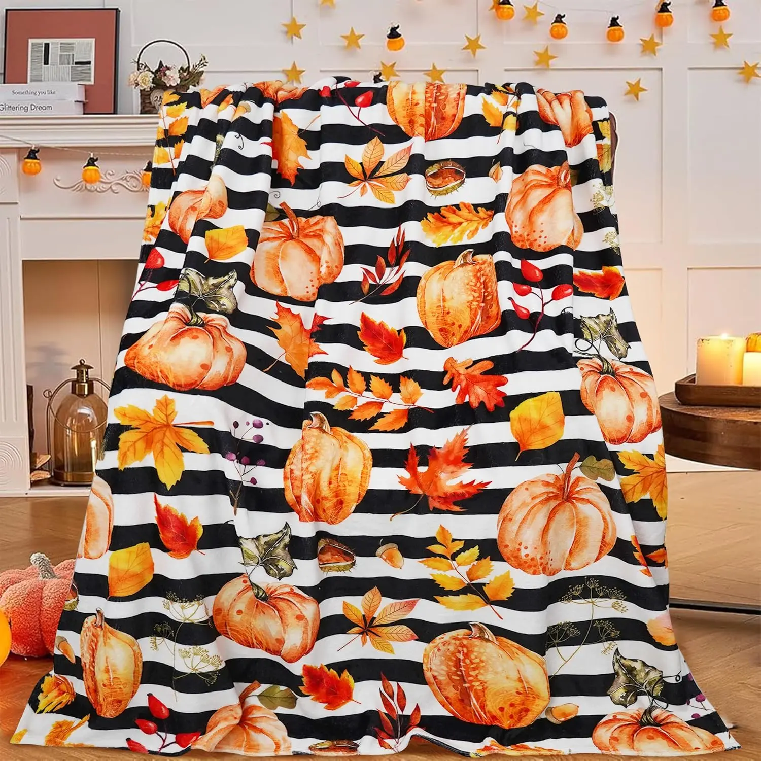 Autumn Harvest Pumpkin Blanket - Soft Fall Decor for Halloween & Thanksgiving Gift Ideas Black & White Striped Pumpkin Throw Blanket | Cozy Fall Aesthetic Home Decor Gift
