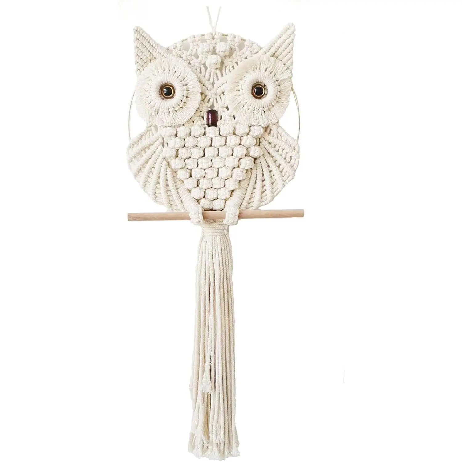 L&S Owl Macrame Wall Hanging Boho Wall Tapestry - Handwoven 100% Cotton, Beige Owl Shape Decor for Bedroom, Living Room, Nursery; Symbol of Wisdom & Luck, Gift for Baby Shower or Housewarming