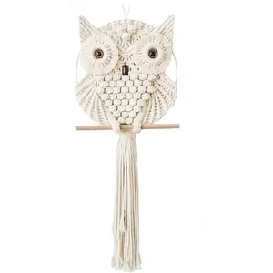 L&S Brand Beige Owl Macrame Wall Hanging Hand Woven Boho Tapestry Cotton Decor for Bedroom Living Room Nursery Mysterious Night Bird Symbol of Wisdom & Luck Home Decor Gift - Beige-L&S