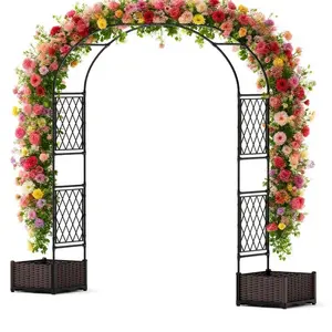 Garvee 90.5" Garden Arbor, with Planter Boxes, Metal Arch Trellis for Climbing Plants, Decorative Archway for Lawn and Backyard