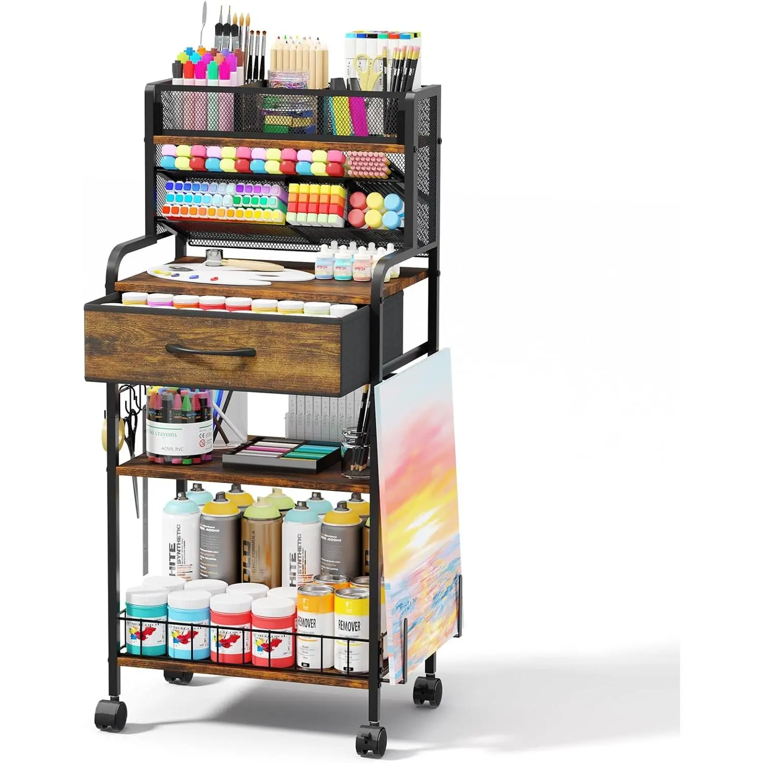 Art cart, 3 Tier Rolling Cart - Utility Cart with Storage Drawer and Wheels, Versatile Art & Craft Organizer for , Office, or Studio Ideal for Storing Brushes, Paints (Brown)