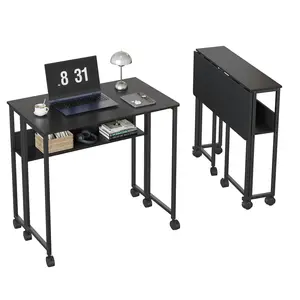 No Assembly Folding Computer Desk, 25" Mobile Small Space Writing Table with Wheels & Storage Shelf, Space Saving Drop Leaf Laptop Desk for Home Office