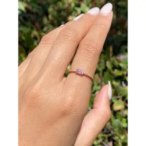 14K Gold Single Pink Sapphire Baguette Diamond Band