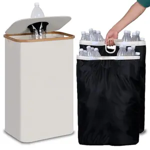 Recycling Bin 100L, 26 Gallon - Recycle Bins for Kitchen Indoor Outdoor Home with 2 Removable and Reusable Inner Bags, Tall Bin for Bottles, Cans, Plastics, Stickers (Beige)