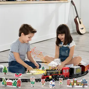 Battery-powered electric train set featuring colorful lights and realistic train horn sounds, complete track set includes a locomotive and three cars, easy to assemble, Indoor educational pretend play toy for children aged 3+, ideal birthday gift for boys