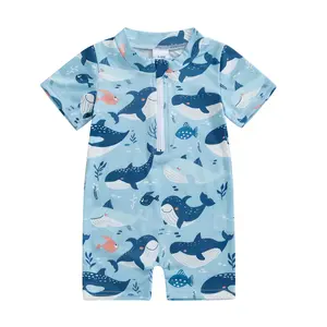 Babamoon Kids Toddler Baby Boy Rash Guard Swimsuit Short Sleeve Sea Animal Print Zip Up Bathing Suit Swimwear 0-3 Years
