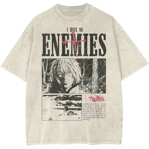 Men's Vinland Saga T-Shirt, Apricot Oversized Vintage Acid Washed Cotton with Thorfinn "I Have No Enemies" Graphic, Unisex Anime Streetwear, Tshirt, Shortsleeve