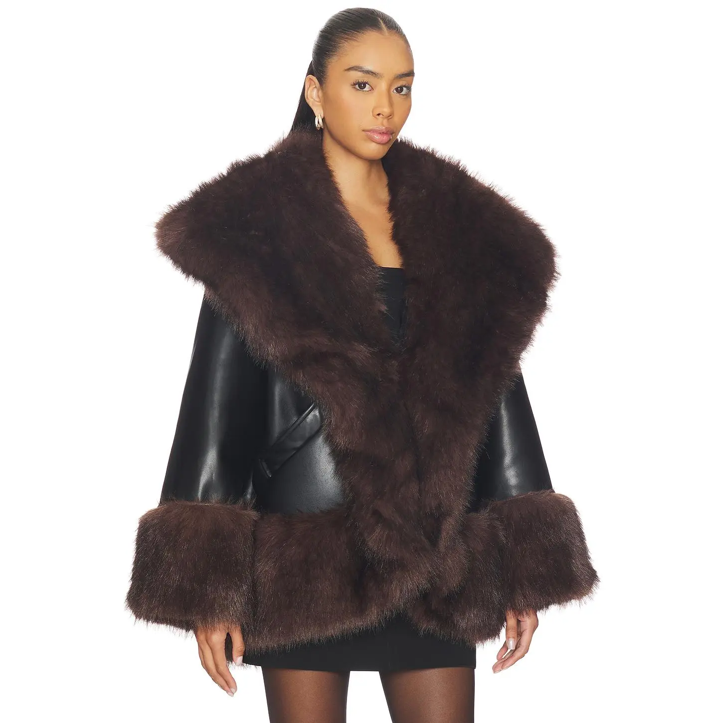 WeWoreWhat x REVOLVE Cocoon Faux Fur Jacket in Black & Dark Brown