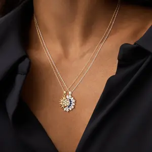 Loyalove&Tewiky Sun and Moon Magnetic Pendant Necklace for Women, Niclkel-Free Copper, Lightweight & Comfortable, Elegant Jewelry Gift for Party, Love& Back to School