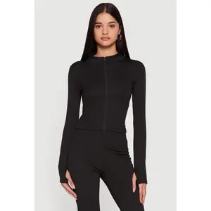 Cropped Mock Neck Zip Front Jacket with Thumb Holes