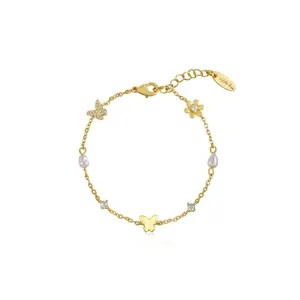 Ettika Subtle Butterflies and Pearl Bracelet 18k Gold Plated with Cubic Zirconia and Acrylic for Adults Adjustable 6.5" and 1" Extender