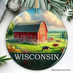 Vintage Wisconsin Farm Landscape Ornament, Midwest Red Barn Christmas Gift and Countryside Souvenir