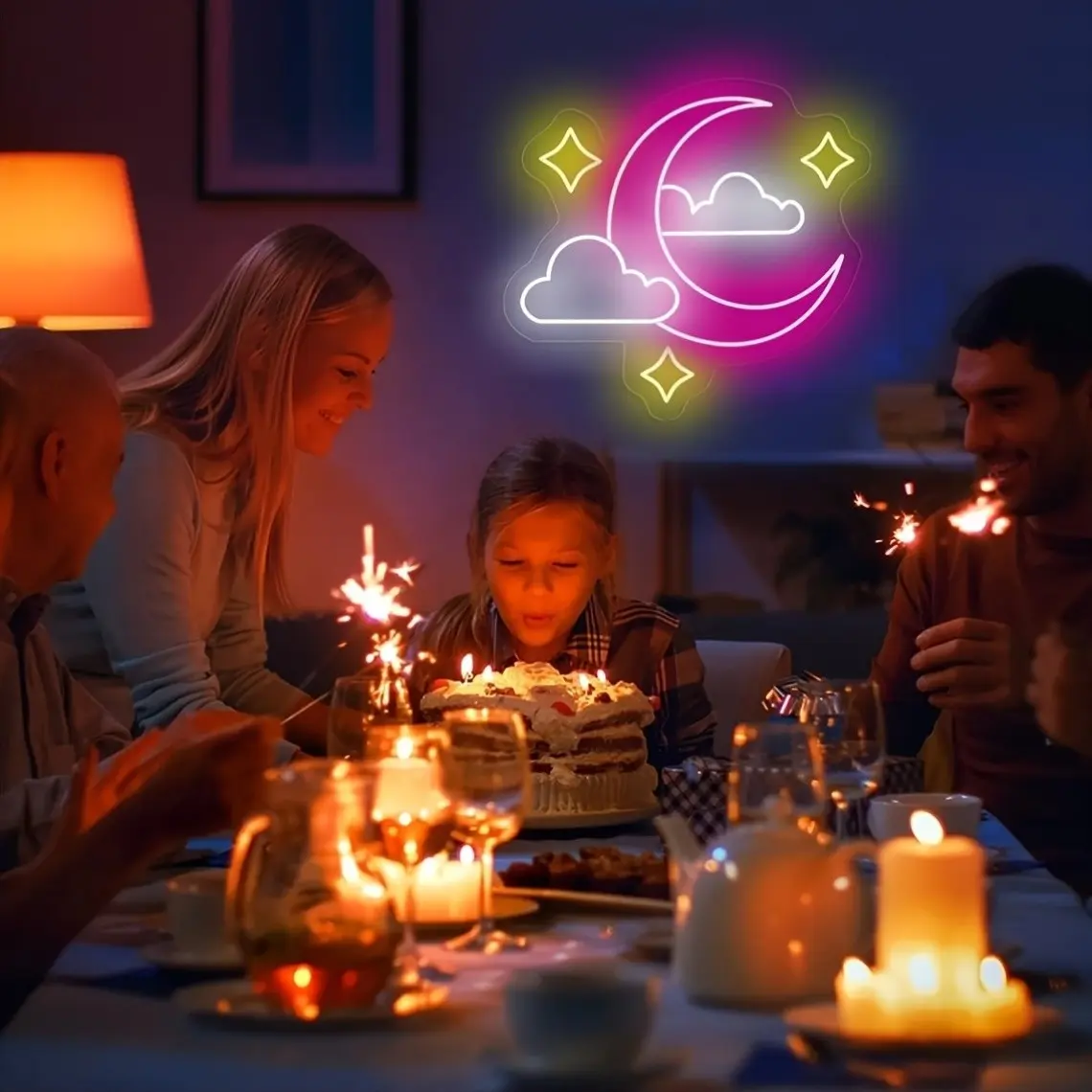 Moon LED Neon Light, USB Powered, Multi-Color Wall Hanging, Crescent Moon and Cloud Pattern, Button Control, Dreamy Bedroom, Living Room, Club, Bar Decoration, No Remote, Wall Mounted, Multipurpose Neon Sign