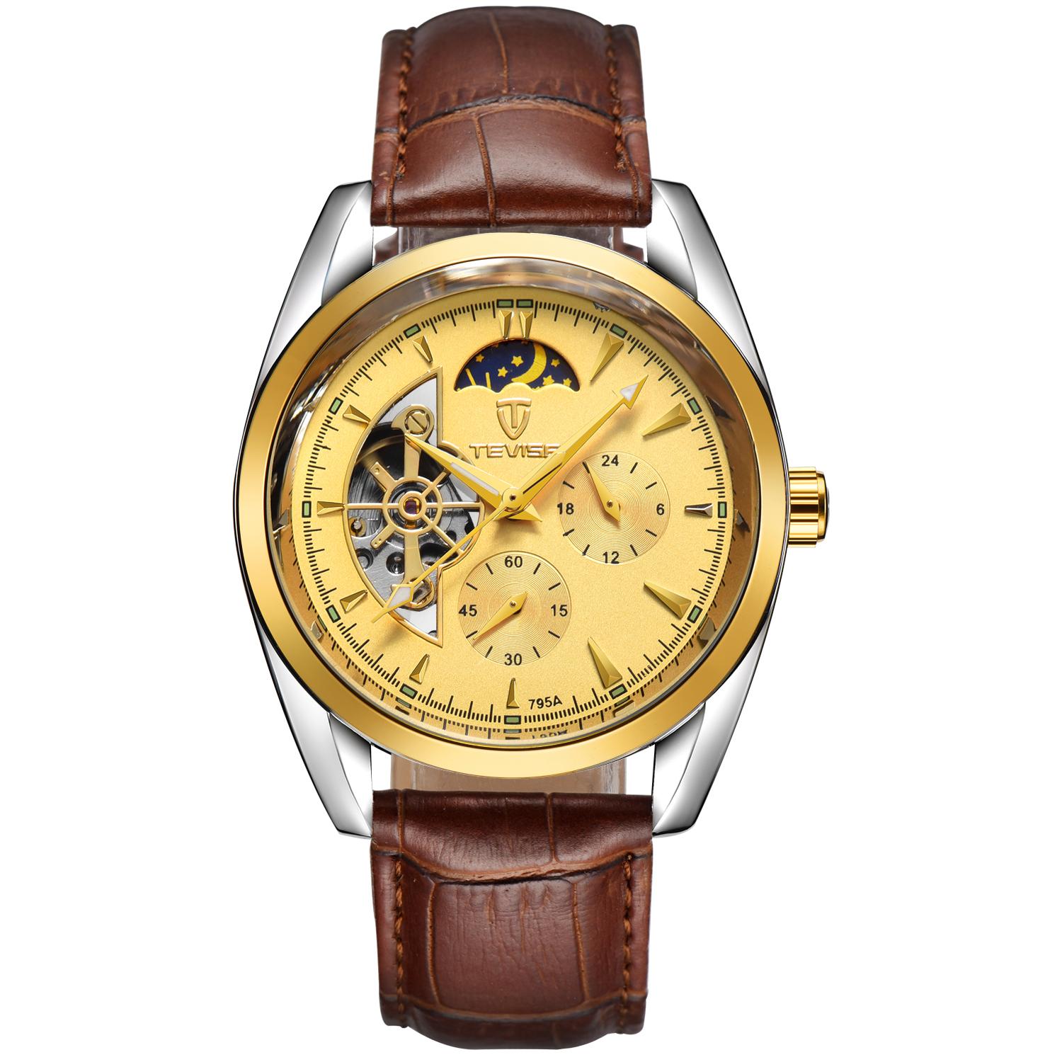 Luxury Men's Skeleton Watch, Moon Phase, Automatic Movement, Business Leather Wristwatch