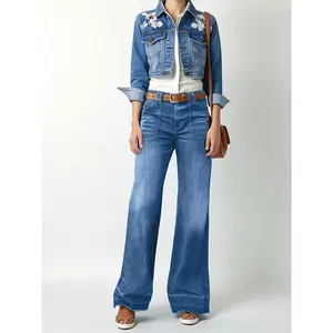 Flamingals Wide Straight Leg Mid Rise Baggy Pocket Denim Jeans for Women - Vintage 3D Cargo Pockets, High-Waist Fit, Gradient Wash, Wrinkle-Resistant Fabric