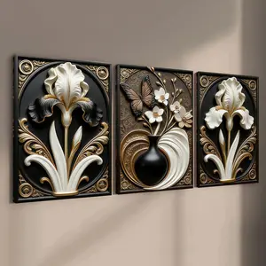 3-count wooden frame canvas, light luxury style black and gold floral art poster, retro style decoration, fashionable family poster, modern living room decoration, suitable for corridor and bedroom walls, waterproof art, Vintage Wall Art