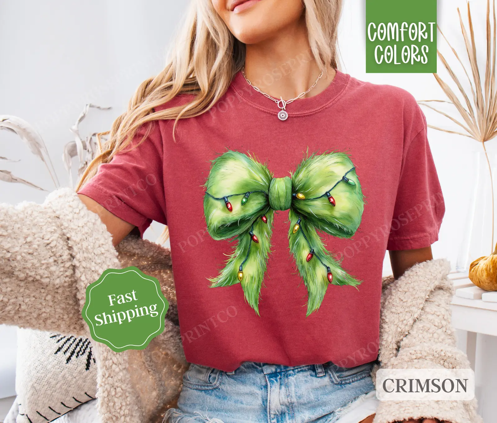 Green Bow Shirt Comfort Colors Holiday Tshirt, Green Fur Bow Women's Holiday Tee christmas shirt