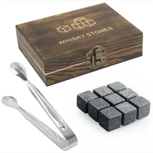 Natural stone for wine whisky stone with deluxe wooden box w tong whiskey chilling modern