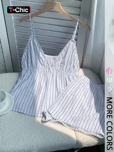 Women's Striped Halter Top and Loose Shorts Set, Comfortable 2-Piece Summer Beach Vacation Outfit